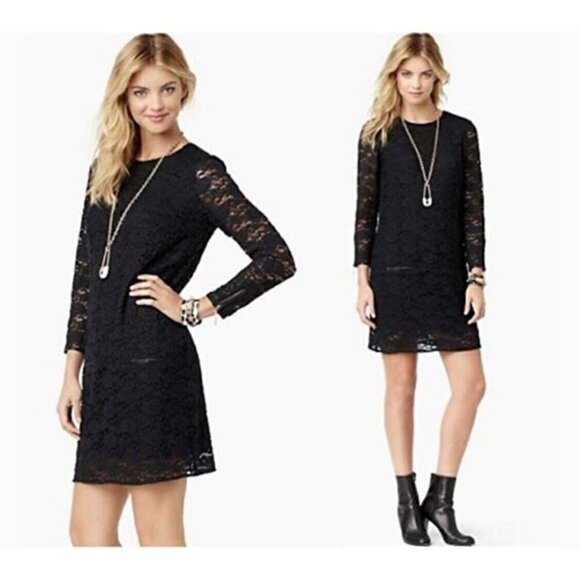 $298 Juicy Couture Sz XS Black Lace Mini Dress Faux Leather Trim Shift Sheath - Picture 6 of 12